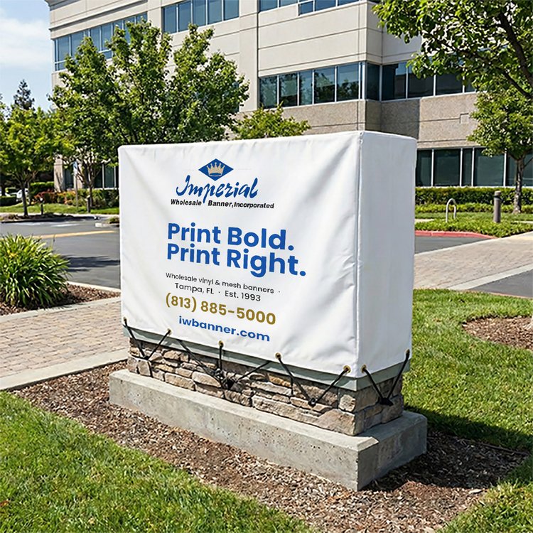 Imperial sign cover installed over a monument cabinet sign at a corporate office — Tampa, FL